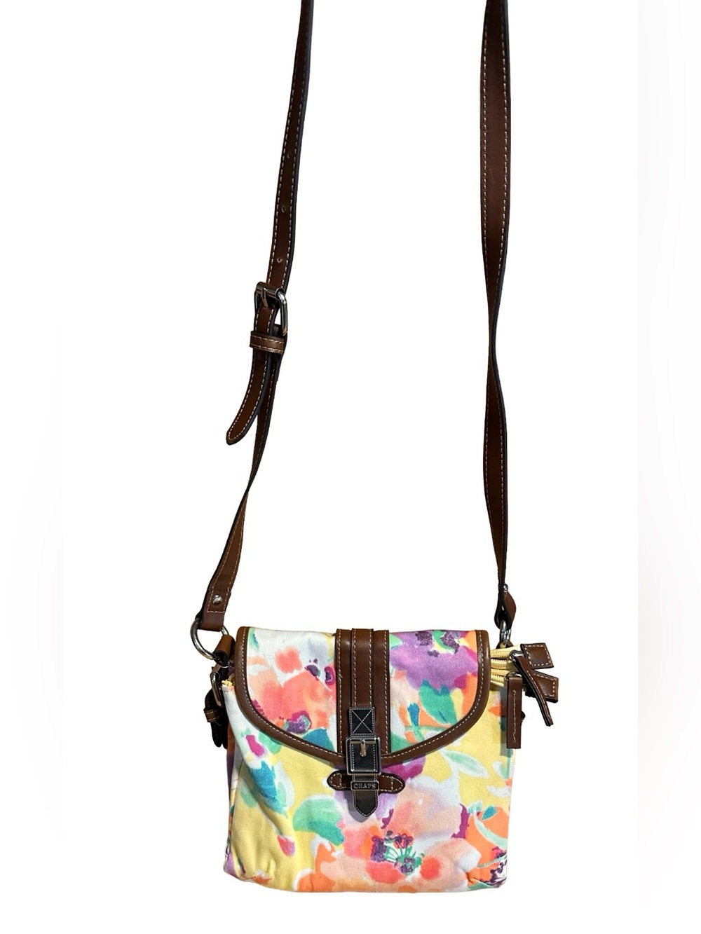 CHAPS PASTEL WATERCOLOR CANVAS FLORAL PRINT CROSSBODY BAG